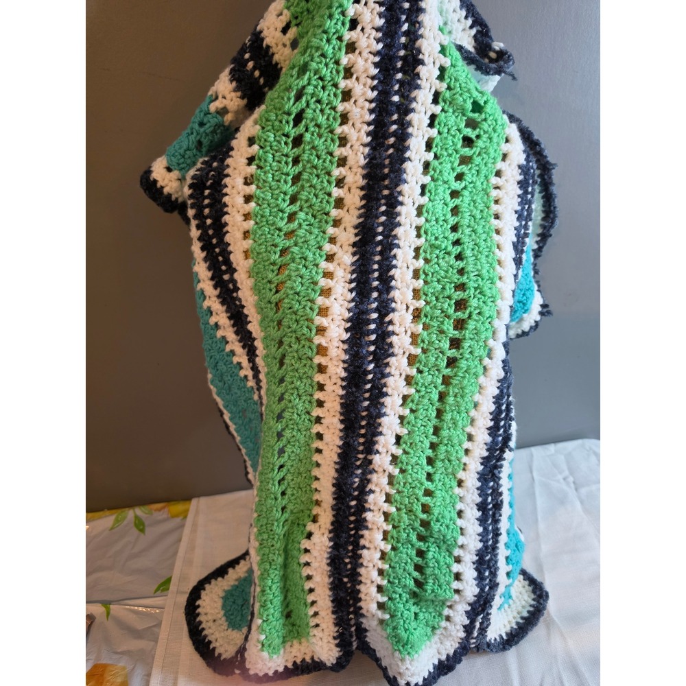 Handmade Crochet Striped Throw Blanket Green Teal Navy White Scalloped Afghan